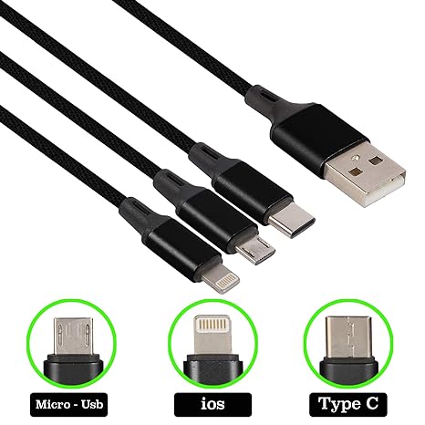 GR Trend- 1.5m Fast Charging Nylon Braided 3 in 1 Cable for Android, iOS, Type C - 3A, 5 Feet (Black) - Compatible with Android Phones, iPhones - One Cable for All Devices"