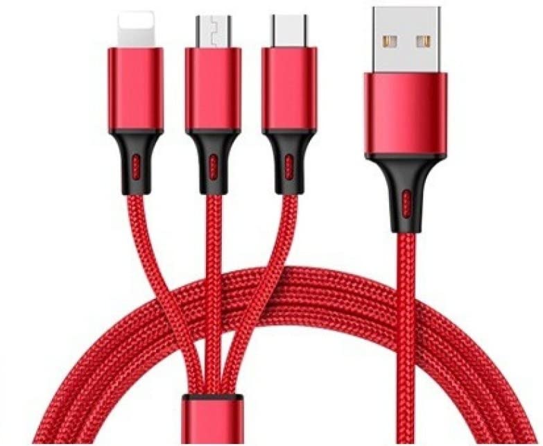 GR Trend- 1.5m Fast Charging Nylon Braided 3 in 1 Cable for Android, iOS, Type C - 3A, 5 Feet (Black) - Compatible with Android Phones, iPhones - One Cable for All Devices"