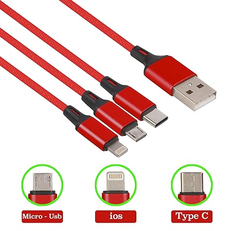 GR Trend- 1.5m Fast Charging Nylon Braided 3 in 1 Cable for Android, iOS, Type C - 3A, 5 Feet (Black) - Compatible with Android Phones, iPhones - One Cable for All Devices"