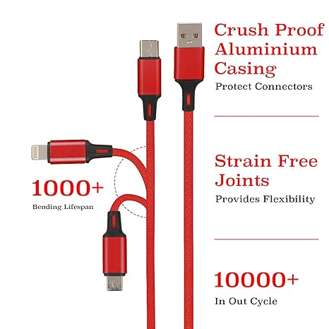 GR Trend- 1.5m Fast Charging Nylon Braided 3 in 1 Cable for Android, iOS, Type C - 3A, 5 Feet (Black) - Compatible with Android Phones, iPhones - One Cable for All Devices"