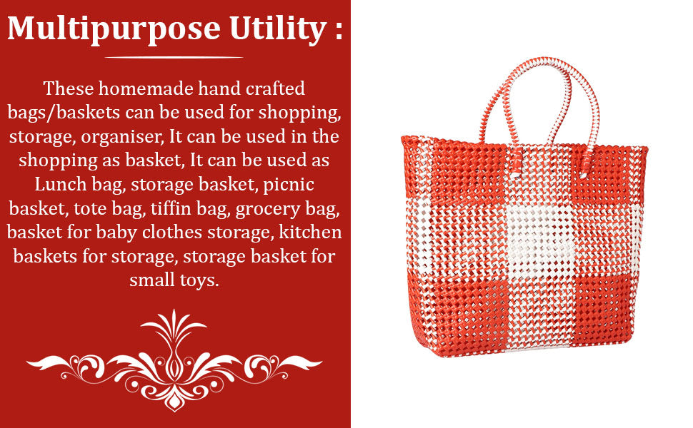 GR Trend Handmade Bags Shopping Koodai/Luggage Bag - Handmade Red and White Wire Koodai -  Grocery Basket - Useful in Carrying Vegetables, Fruits, Groceries & All Household Items